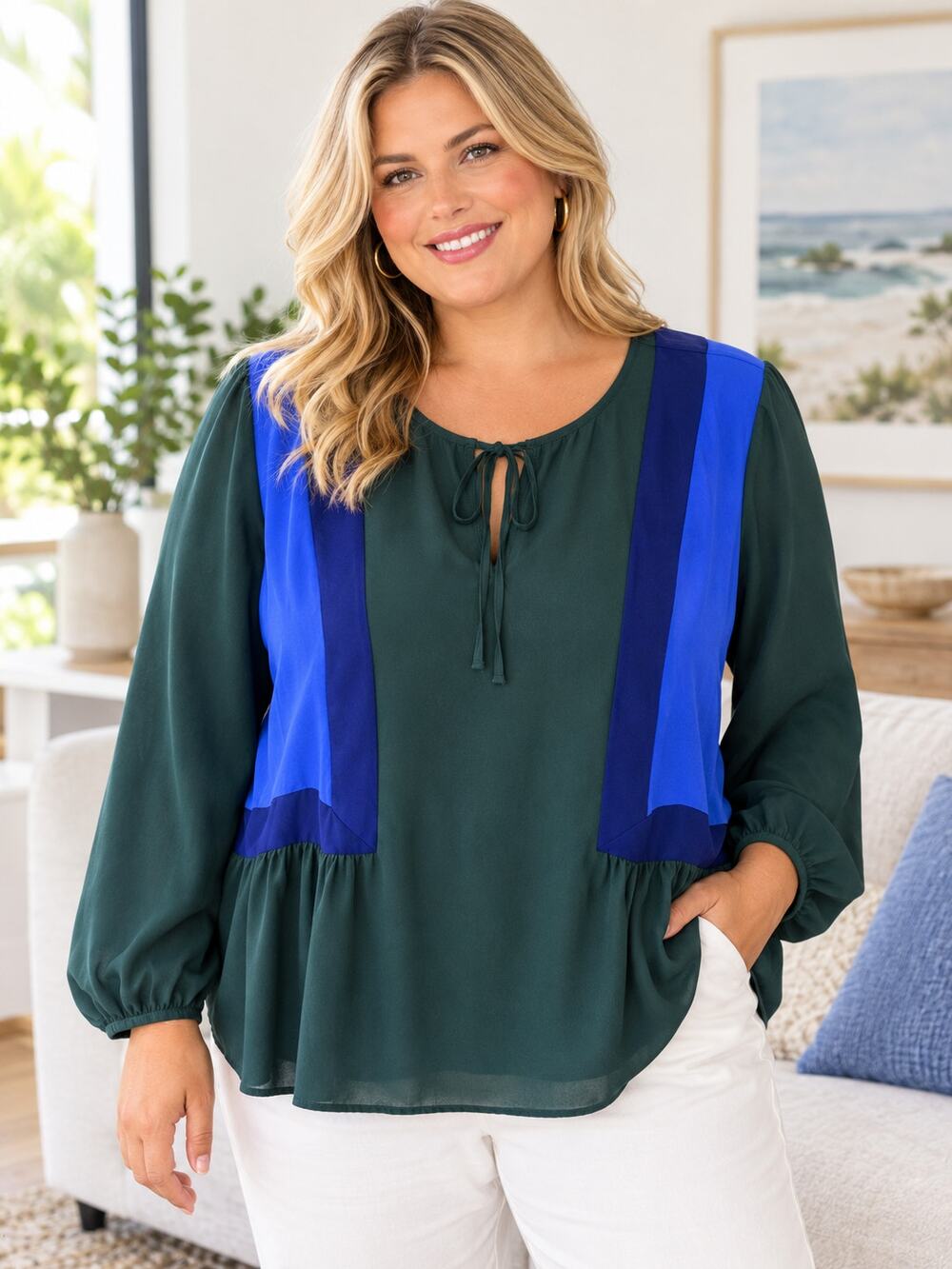 Eloquii Women’s Size 20 Green Blue Colorblock Long Sleeve Blouse